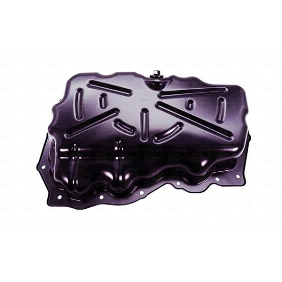 Metallic purple oil pan on a white background